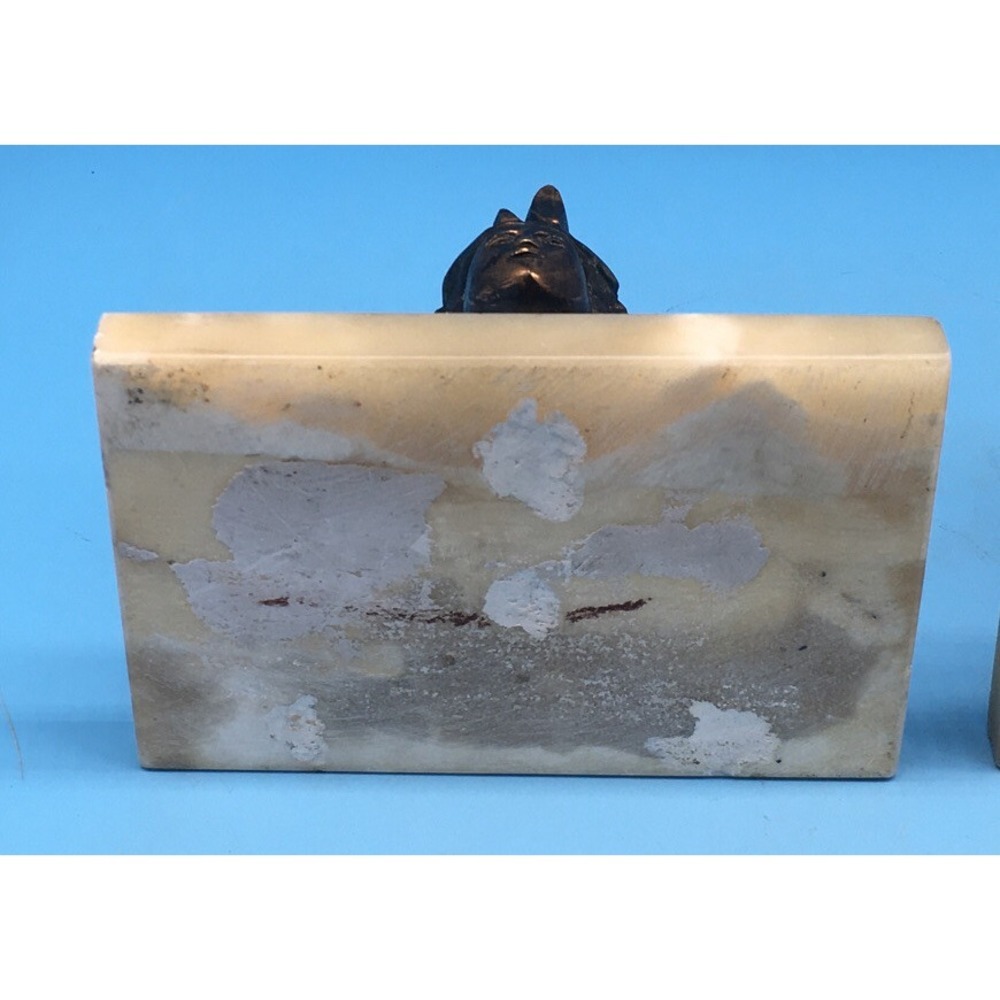 Brass Egyptian head Bookends On Blond Marble Base - Picture 7 of 10